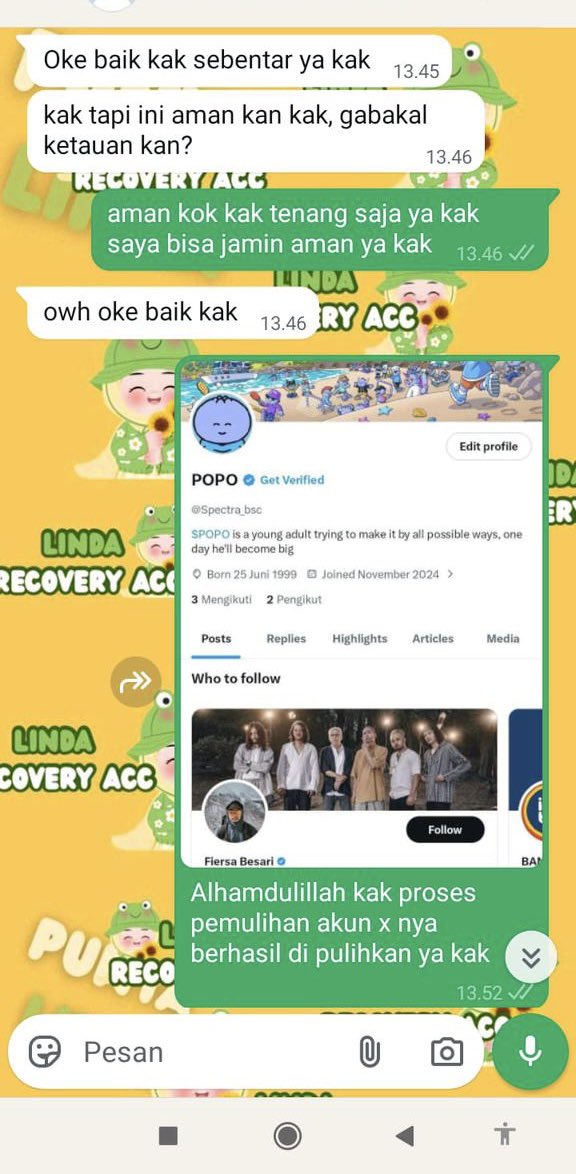 leuhcn's tweet photo. JASA PEMULIHAN AKUN &amp; HAPUS AKUN

1•AKUN LUPA PASWORD/KE HACK
2•JASA SADAP WA
3•JASA SUSPEND/UNSUSPEND AKUN
4•JASA HAPUS AKUN
5•JASA HACK/PULIHKAN
AKUN,GMAIL,INSTAGRAM,TWITER,FBTIKTOK,TELEGRAM,DLL
6•JASA LACAK

Full testi,fast respon,amanah
https://t.co/TbGtb6fkn6 https://t.co/AoUEFdGF74
