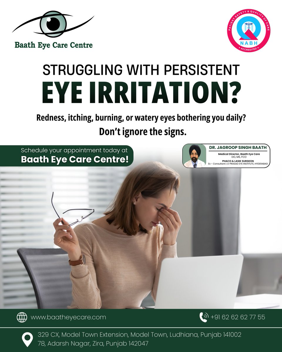 baatheyecare's tweet photo. Persistent eye irritation is your eyes asking for attention. Redness, itching, burning or watery eyes shouldn’t be ignored.

Book your appointment now.
📞Call now or visit https://t.co/Q5L3QbCtUs

#BaathEyeCare #EyeIrritation #DryEyes #EyeAllergy #EyeCareSpecialist #HealthyVision https://t.co/8A1n6WjgXO