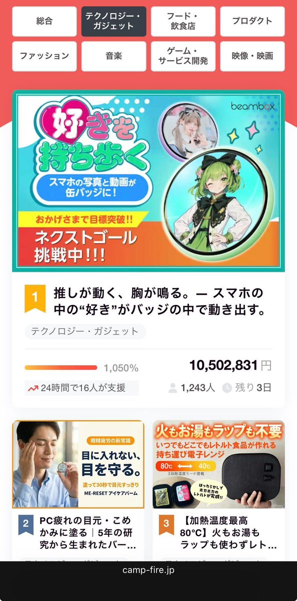 【ガジェット枠2位🔥🔥】
このCBDバームが完成してからパソコン作業を永遠にしている弊社代表….

本当に恐ろくいいものを作ったのではないかと….ぜひ体験してください！

▼🔗
camp-fire.jp/projects/91008…