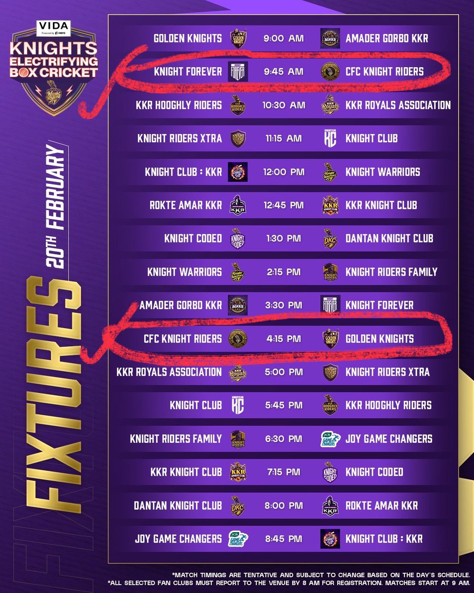 CFCKnightRiders's tweet photo. Here’s our fixtures of @VidaDotWorld &amp; @kkriders’s #KnightsElectrifyingBoxCricket 😍💜

Ready Steady Po #KnightForever &amp; #GoldenKnights ❤️

Let’s entertain with love &amp; happiness 😊.

Excited for it 🤗

#KKR #CKR https://t.co/6wkp7eJ9DP