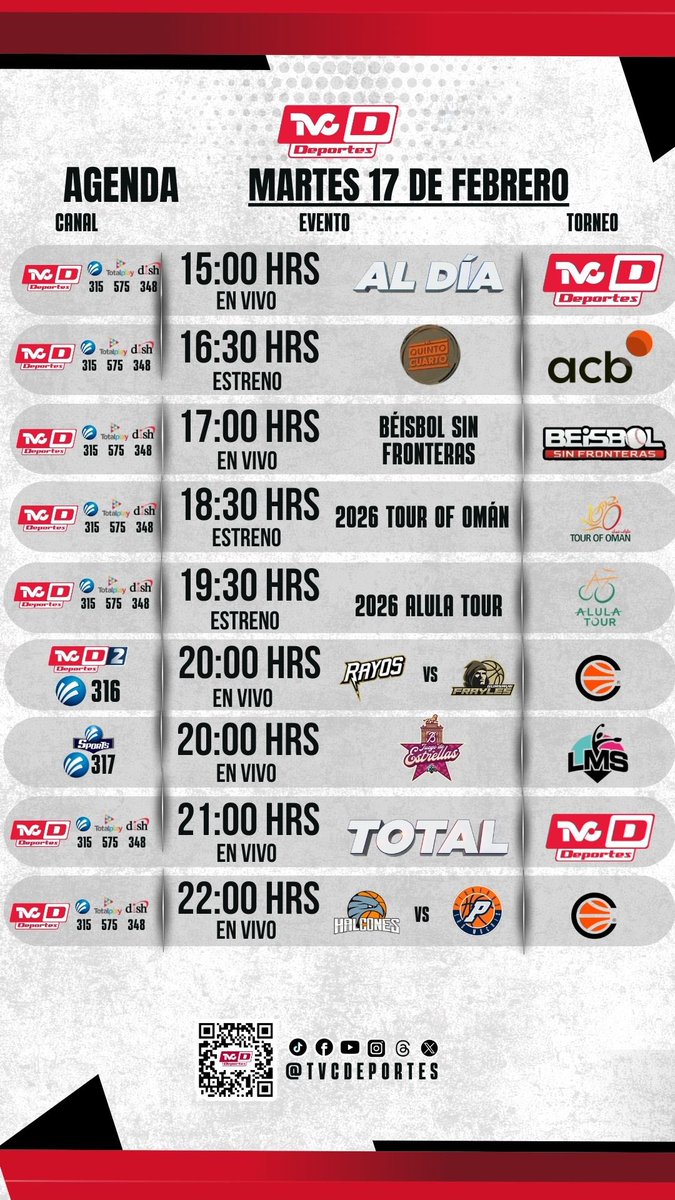 TVCDeportes's tweet photo. AGENDA DEPORTIVA  

 No te pierdas toda la actividad deportiva que tenemos para ti a través de nuestra señal.  

#tvcdeportes #Deporte #Febrero17 https://t.co/zlF2zMp5j4