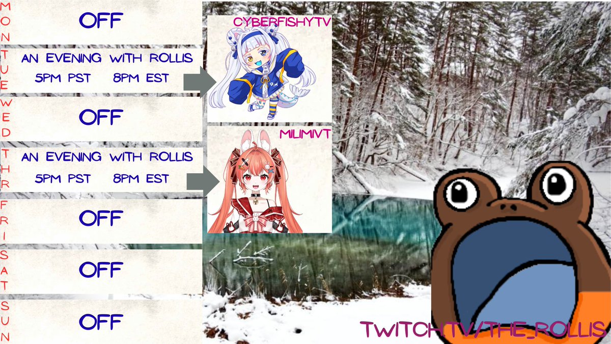 This weeks schedule: Evening with Rollis with guests <a href="/CyberFishyTV/">Cyber Fishy 💿🐟 VTuber</a> and <a href="/milimivt/">Mili🐰🥕🐥Bunny VTuber</a>
