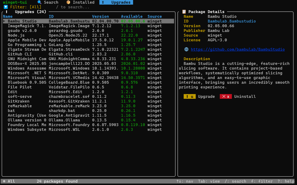 orhundev's tweet image. We need to "Ratatuify" everything 🔥

📦 winget-tui — A TUI for Windows Package Manager

💯 Search, install, uninstall &amp;amp; upgrade packages with Vim-style navigation.

🦀 Written in Rust &amp;amp; built with @ratatui_rs

⭐ GitHub: github.com/shanselman/win…

#rustlang #ratatui #tui #windows
