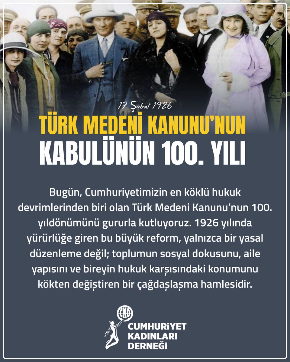 Bugün, Cumhuriyetimizin en köklü hukuk devrimlerinden biri olan Türk Medeni Kanunu’nun 100. yıldönümünü gururla kutluyoruz. 1926 yılında yürürlüğe giren bu büyük reform, yalnızca bir yasal düzenleme değil; toplumun sosyal dokusunu, aile yapısını ve bireyin hukuk karşısındaki
