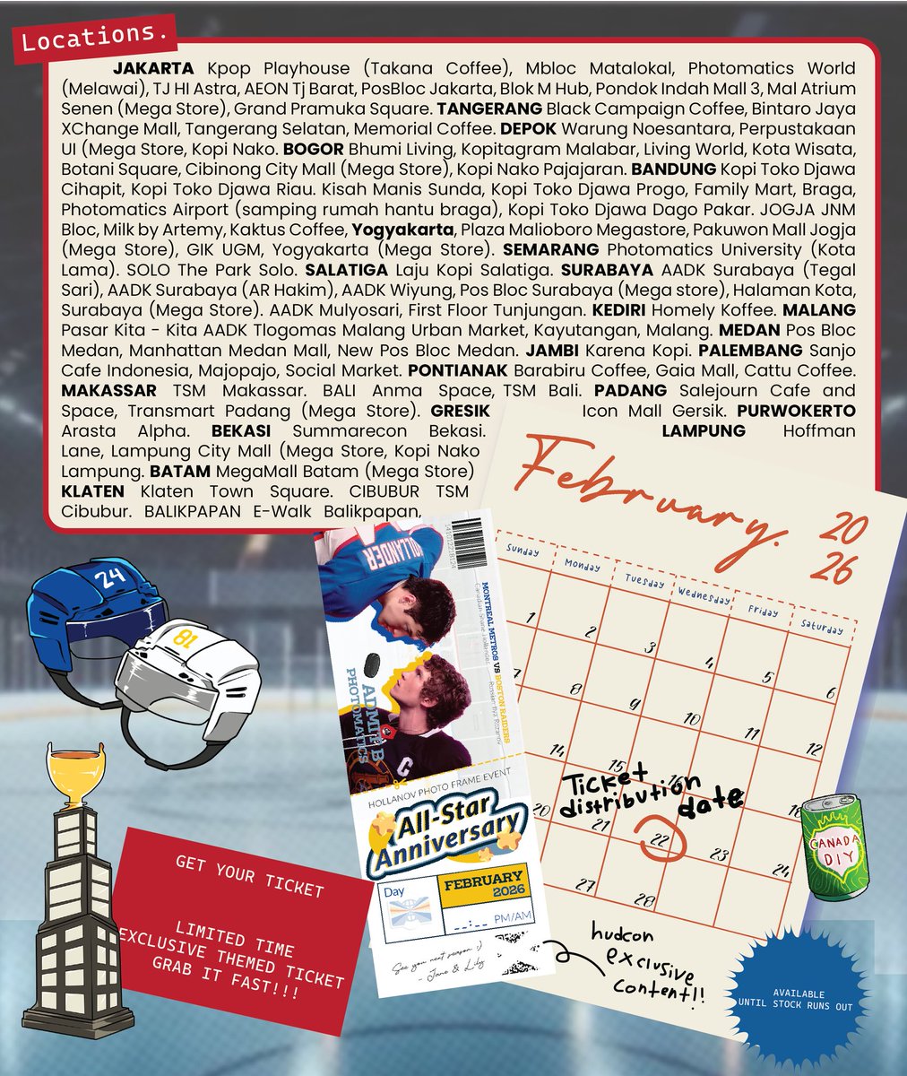 dailyatsumu's tweet photo. ★ 𝗔𝗟𝗟-𝗦𝗧★𝗥 𝗔𝗡𝗡𝗜𝗩𝗘𝗥𝗦𝗔𝗥𝗬 ★
Hollanov / Hudcon Photobooth Event 🏒

🗓️ Feb 22 - 28, 2026
📍@photomaticsid

Exclusive freebies at Blok M Hub &amp; Family Mart Braga branches. Distribution starts on 22 Feb!

Use the frame, grab your ticket, and tag #AllStarAnniversary https://t.co/AXIKFFbixw