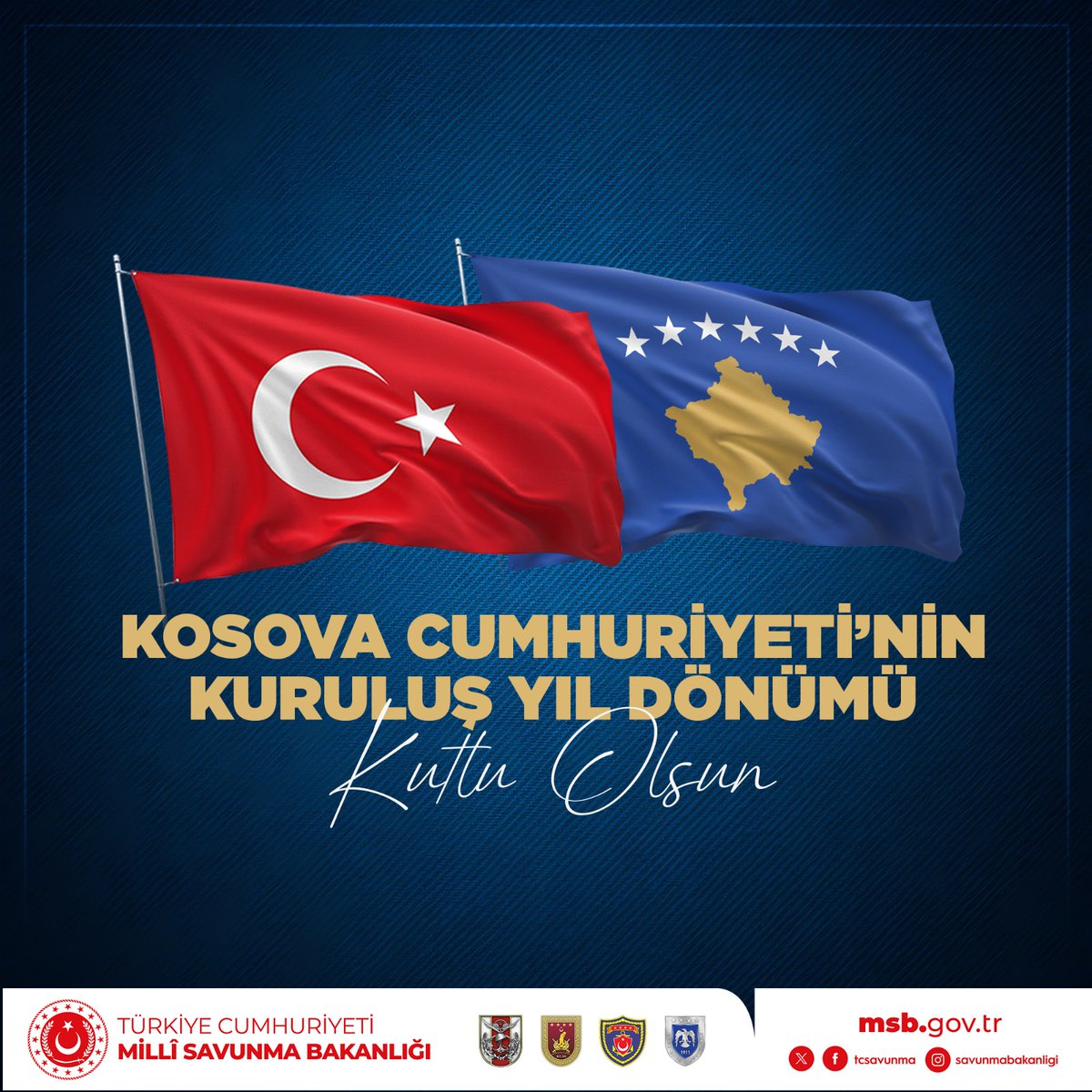 18 yıl önce bağımsızlığına kavuşan dost ve kardeş ülke Kosova’nın bu anlamlı gününü kutluyor, Kosovalı kardeşlerimizi gönülden selamlıyoruz. 

Her zaman Kosovalı kardeşlerimizin yanında olmaya devam edeceğiz. 🇹🇷 🤝 🇽🇰

#MillîSavunmaBakanlığı