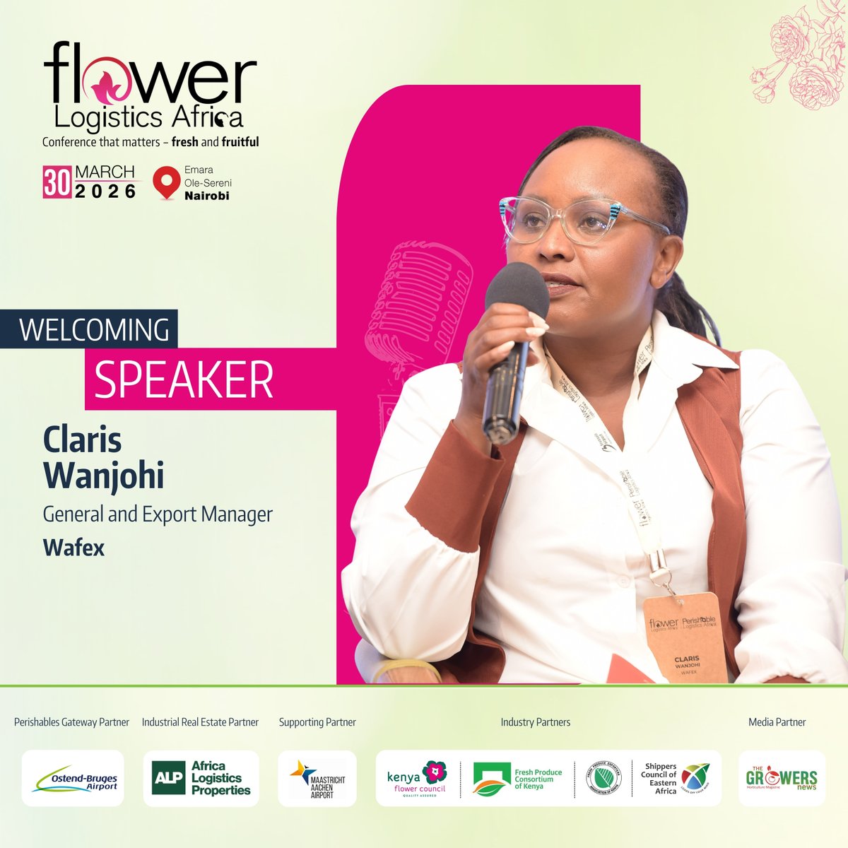 We’re delighted to welcome Claris Wanjohi, General &amp; Export Manager, #Wafex, as a speaker at Flower Logistics Africa (FLA) 2026, taking place on 30 March 2026 in Nairobi.

Event website:
FLA 2026: statmarcomgroup.com/fla/

#FLA2026 #SpeakerAnnouncement #FlowerLogistics