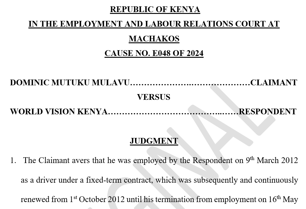 🔥🚨YOU CAN’T FIRE SOMEONE FOR FALLING IN LOVE WITH WORKMATE- COURT SLAPS EMPLOYER WITH KSHS 790,398 BILL. 🔥

The Employment and Labour Relations Court at Machakos delivered a sharp correction in Dominic Mutuku Mulavu v World Vision Kenya (Cause E048 of 2024). Dominic Mutuku
