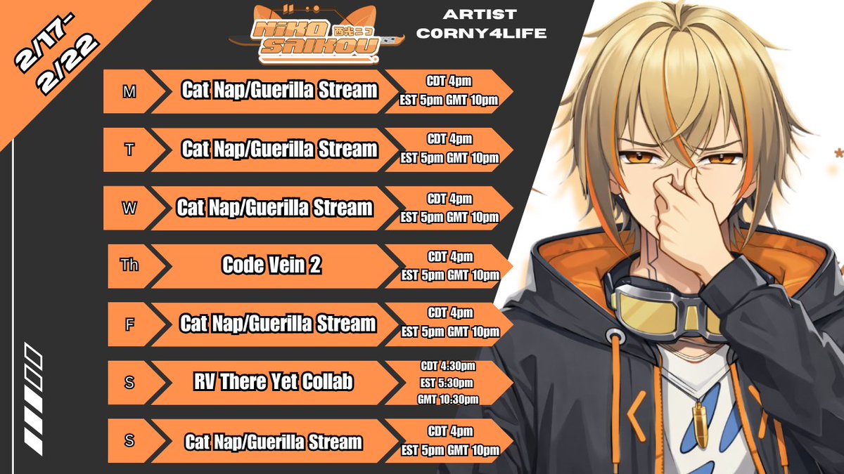 NikoSaikou_'s tweet image. New Weekly Schedule!!

I know it's a short week this week. I really needed a small break. We are continuing Code Vein because I really enjoyed it! It's like Elden Ring but anime!