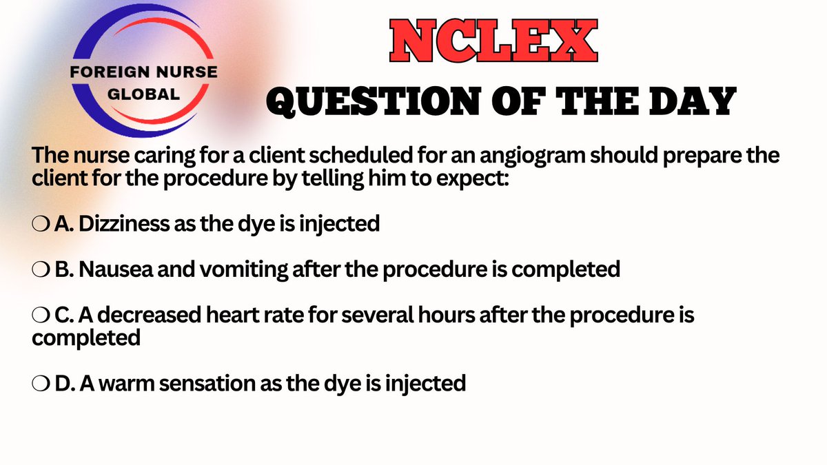 LET'S ATTEMPT NCLEX QUESTION TODAY....
SEND IN YOUR ANSWERS.....
THE CORRECT ANSWER WILL BE POSTED LATER.....
 #FNG #foreignnurseglobal #nclexreview #nclexstudying #nclexsurepass #nclexmadeeasy #nclexpass #NCLEX #NCLEX_RN #nclexprep #nclexquestions #nclexstudy #nclextips #USRN