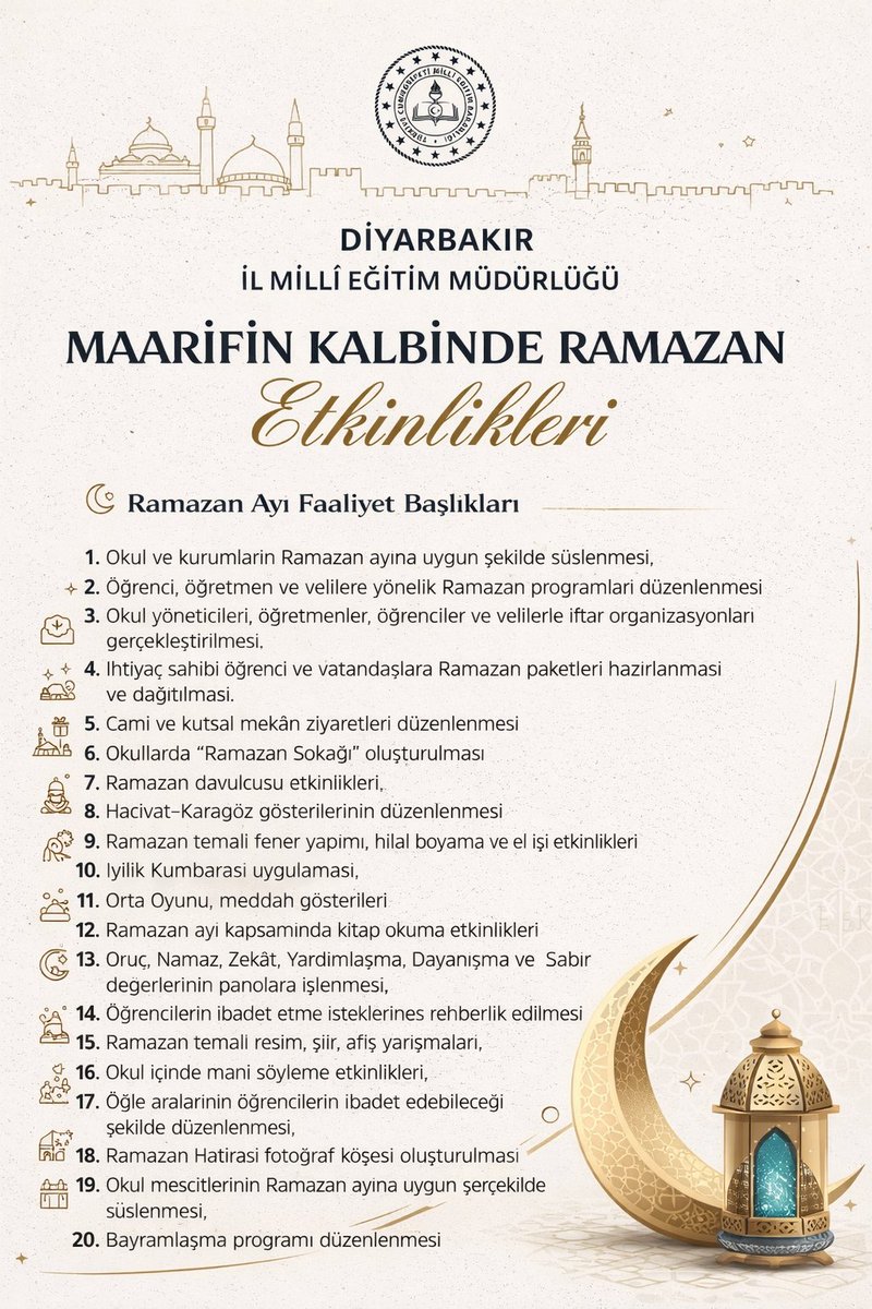 🕌 MAARİFİN KALBİNDE RAMAZAN 🕌

Sevgili Öğrencilerimiz, Değerli Velilerimiz,

Diyarbakır İl Millî Eğitim Müdürlüğü olarak Ramazan ayının manevi atmosferini eğitim ortamlarımıza taşıyor; birlik, paylaşma ve dayanışma kültürünü öğrencilerimizle birlikte güçlendiriyoruz.

Rahmet ve