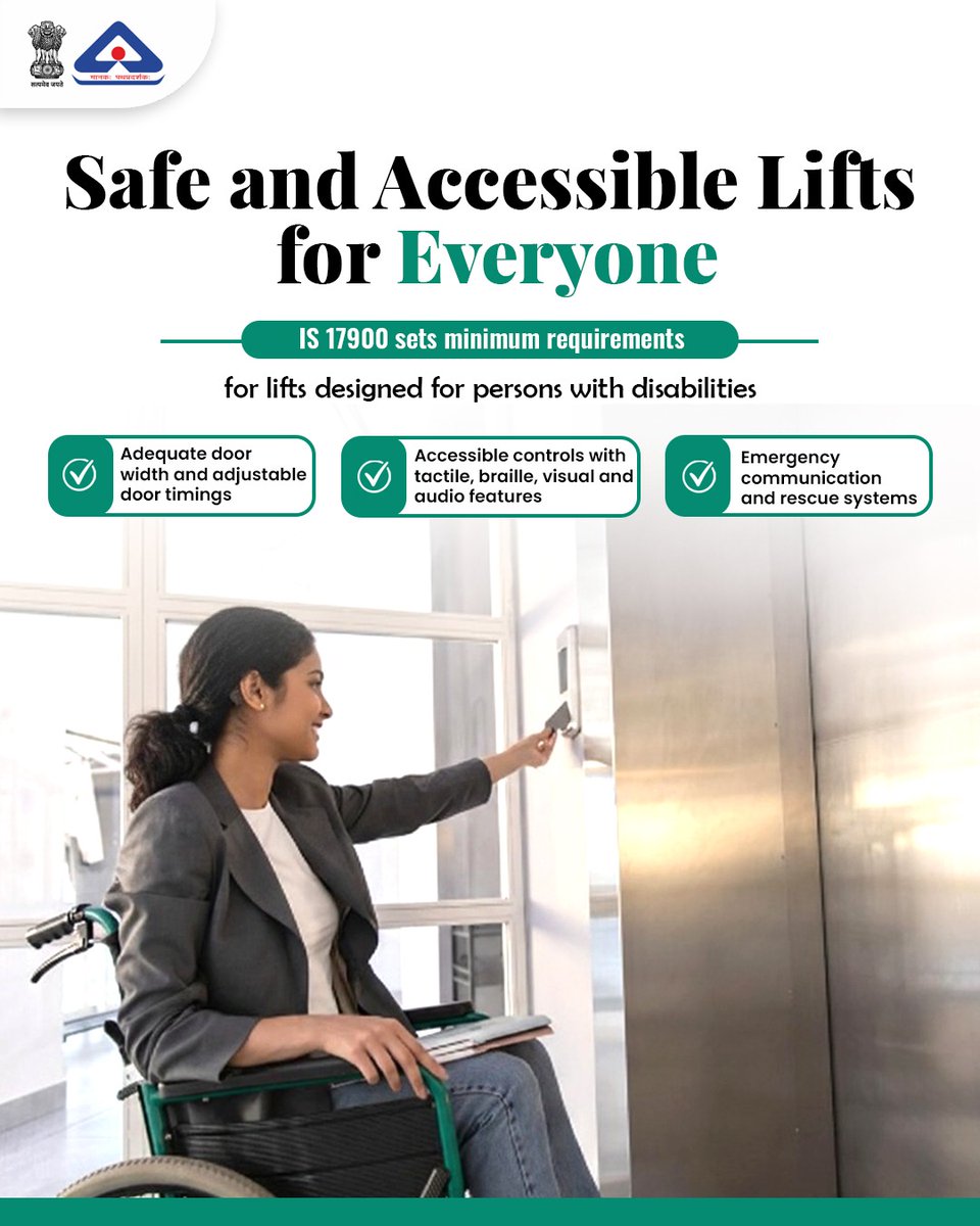 IndianStandards's tweet photo. When standards include everyone, buildings do too. IS 17900 (Part 7/Sec 4): 2025 ensures lifts are designed to be safe and accessible for persons with disabilities because mobility should be accessible for all.
#BISCertification #bissafety #Accessibility #disability https://t.co/8rgHdBwlpL