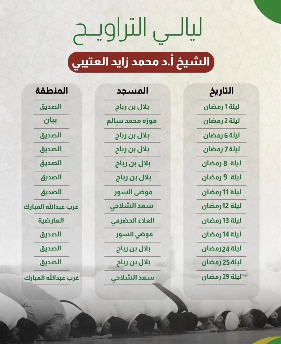 جدول #صلاة_التراويح لـالشيخ د. محمد زايد العتيبي 

#الكويت
