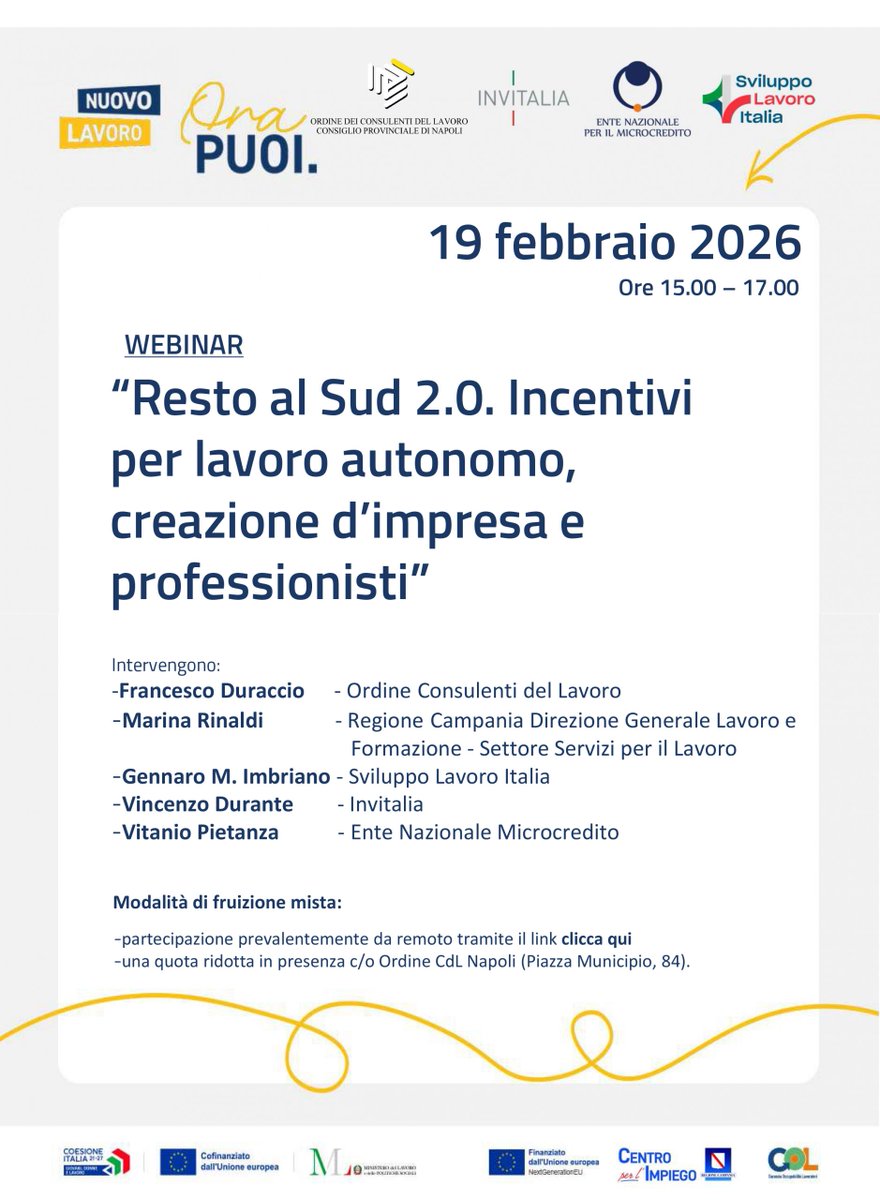 📢Il CPO di Napoli ha organizzato per giovedì 19 febbraio ore 15:00, un incontro su strumenti di sostegno all’autoimpiego e all’autoimprenditorialità, sia in modalità webinar e, con posti limitati, in presenza.
Per approfondire e prenotarsi 👇
ordinecdlna.it/incontro-forma…