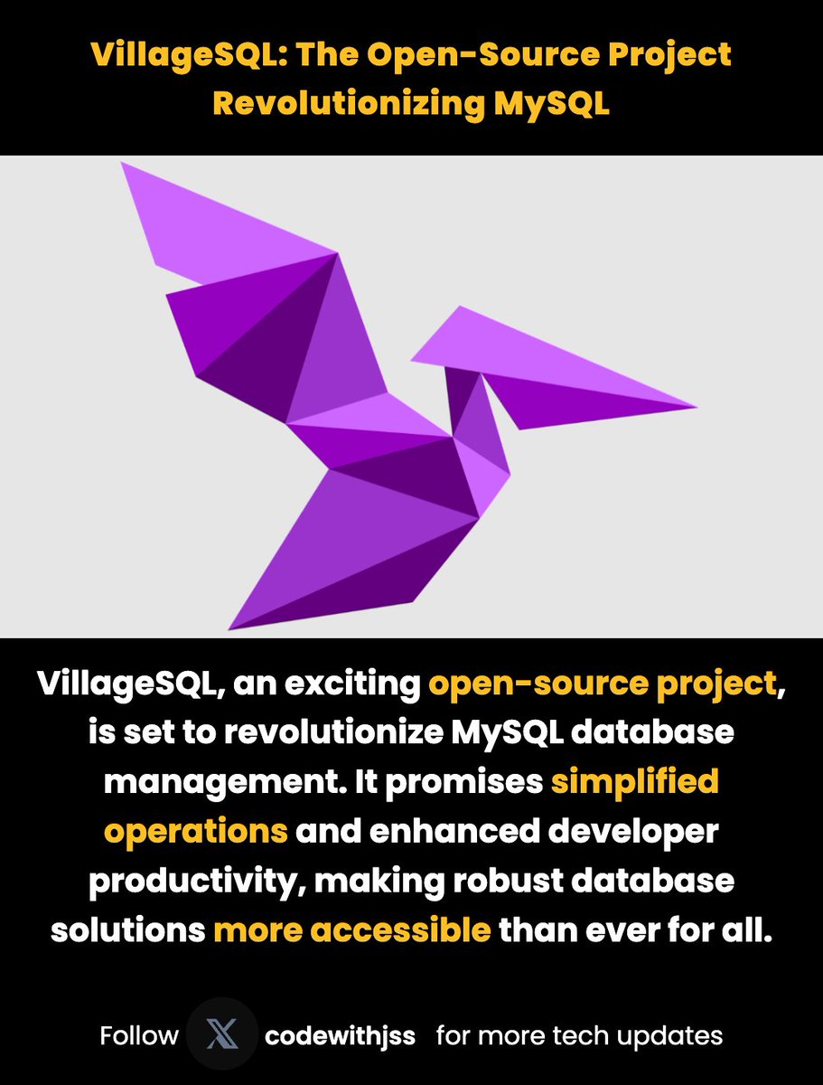 codewithjss's tweet photo. Big news in the database world! 🚀 

VillageSQL, a game-changing open-source project set to simplify MySQL. It's designed to make database management intuitive & boost developer productivity. Say goodbye to complex setups and hello to streamlined ops!

#VillageSQL #MySQL #OpenSource #DevTools #Database