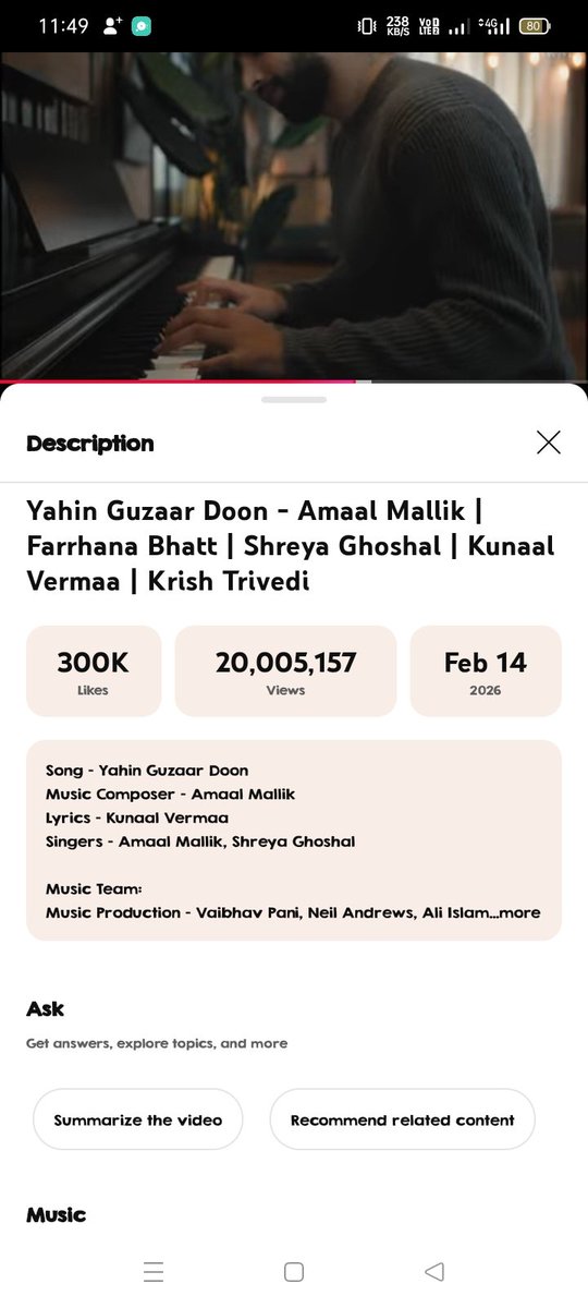 Congratulations 🎉🎉🎉🎉🎉
20M view &amp; 300K likes.
<a href="/AmaalMallik/">Amaal Mallik</a> 
<a href="/KrishTrivedi/">Krish Trivedi</a> 
<a href="/mourjo/">Mourjo Chatterjee</a> 
#AmaalMallik