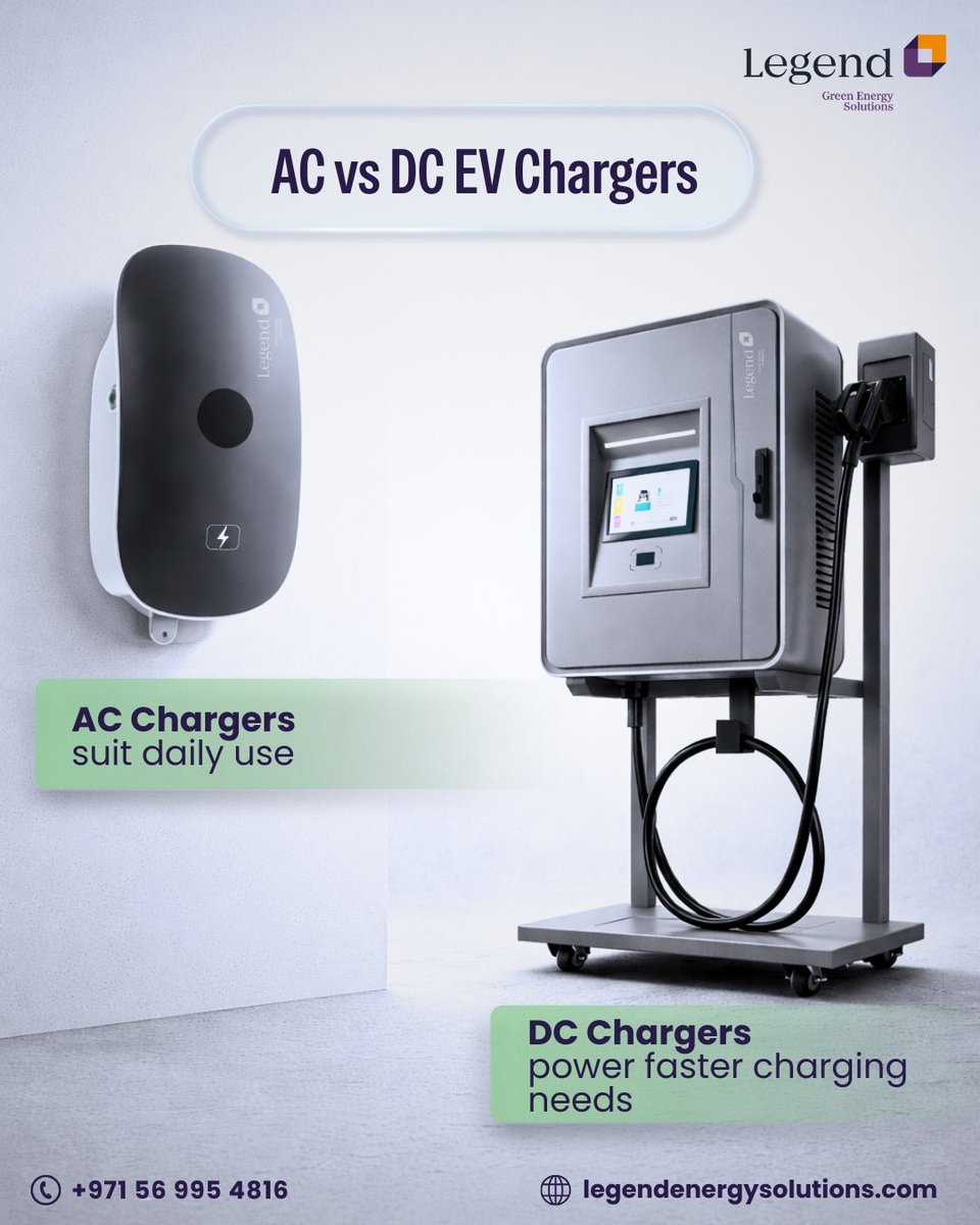 LegendEvs's tweet image. AC or DC-choose the charger that fits your driving routine.
AC chargers are perfect for everyday use, while DC chargers deliver faster charging when time matters most.

📞 +971 56 995 4816
🌐 legendenergysolutions.com

#LegendEnergy #EVCharger #EVCharging #ACCharger #DCCharger