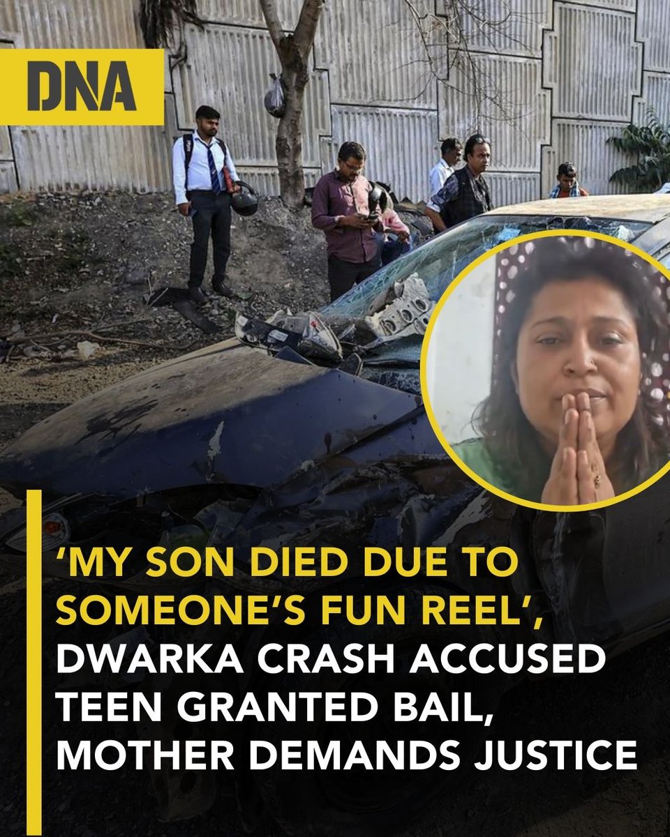 dna's tweet image. The mother of a 23-year-old man who died in a road accident in Dwarka earlier this month has posted an emotional video on social media, alleging that her son was killed by a minor who was driving the SUV recklessly while making “speed fun reels”.

#Dwarka #CarCrash #DNAUpdates