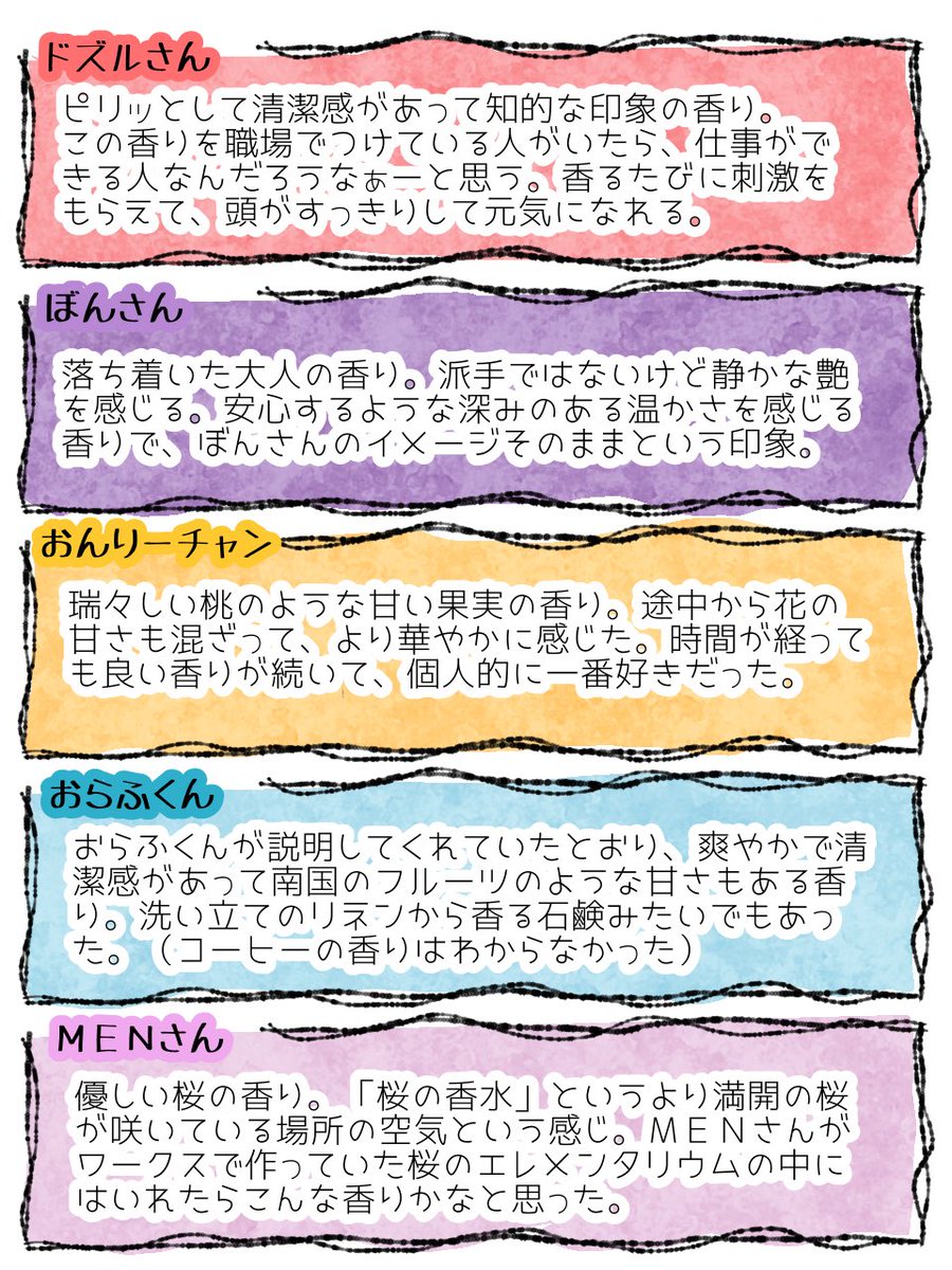 ドズル社ワークスで香水の試香してきました✨
香りに詳しくないので、香りから受けた個人的な印象になっちゃうけど、こんな風に感じました🌸