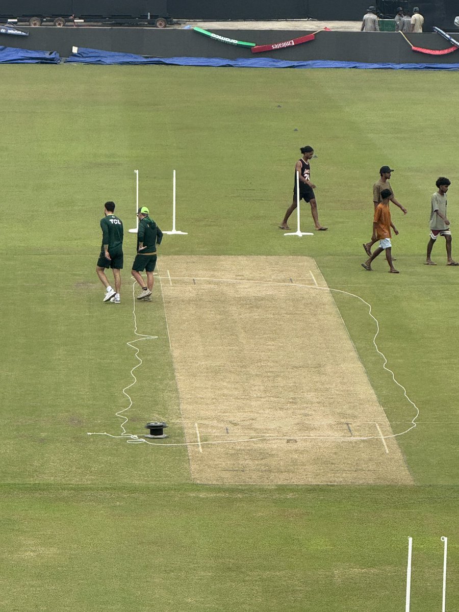 🚨 Salman Ali Agha and Head Coach Mike Hesson had a close look at the pitch of Sinhalese Sports Club, Colombo, ahead of the game against Namibia.