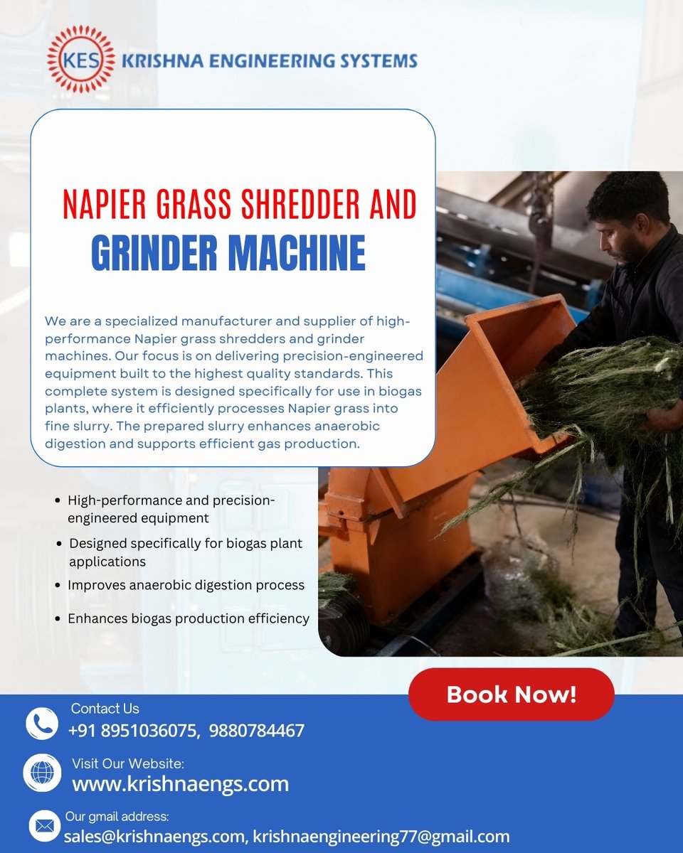 SystemsKrishna's tweet image. Power up your biogas operations with high-performance Napier grass shredder and grinder machines from Krishna Engineering Systems. Precision-built for efficient shredding, smoother slurry, 
#NapierGrass #ShredderMachine #GrinderMachine #BiogasPlant #BiogasSolutions #AgriMachinery
