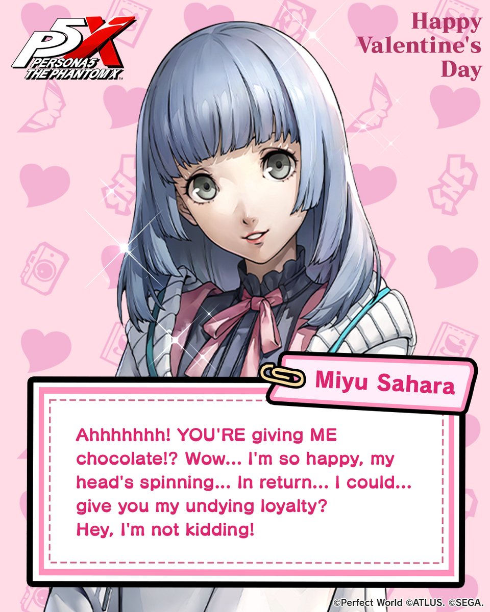 P5XOfficialWest's tweet image. 🍫┈┈┈┈┈┈┈┈┈┈┈ ✧
💝Happy Valentine's Day🍫
✧ ┈┈┈┈┈┈┈┈┈┈┈💝
A Most Wonder-ful Valentine's 10
How will the puppeteer, #MiyuSahara react?

Valentine's Event Available Now!
Jump into P5X to learn more about Miyu!

#P5XEN #Valentines