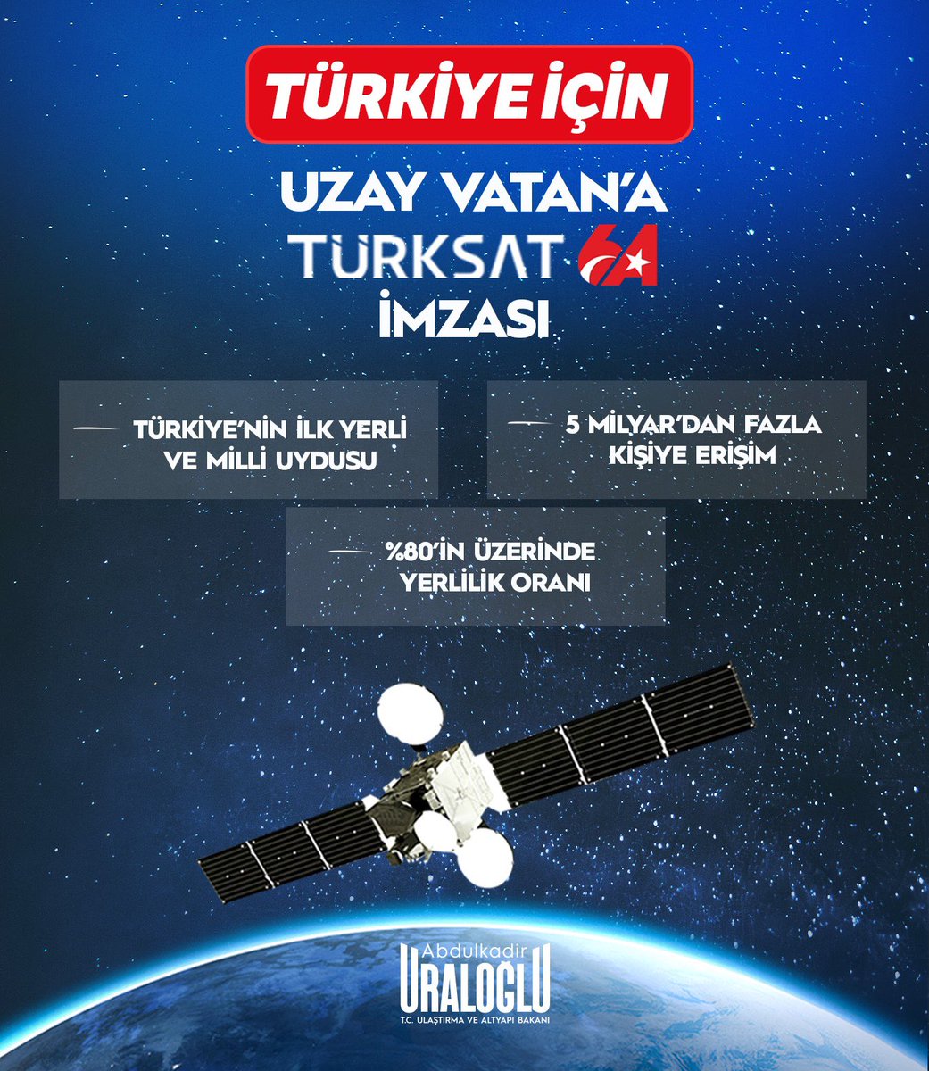 Uzay Vatan’da söz sahibi bir Türkiye… 🚀

🇹🇷 Türk mühendisliğinin eseri.
👥 5 milyardan fazla kişiye erişim.
💪 Yerli, milli, güçlü.

🛰️ Türksat 6A ile sadece gökyüzünde değil, gelecekte de yükseliyoruz. 💫

#TürkiyeHızlanıyor 🇹🇷