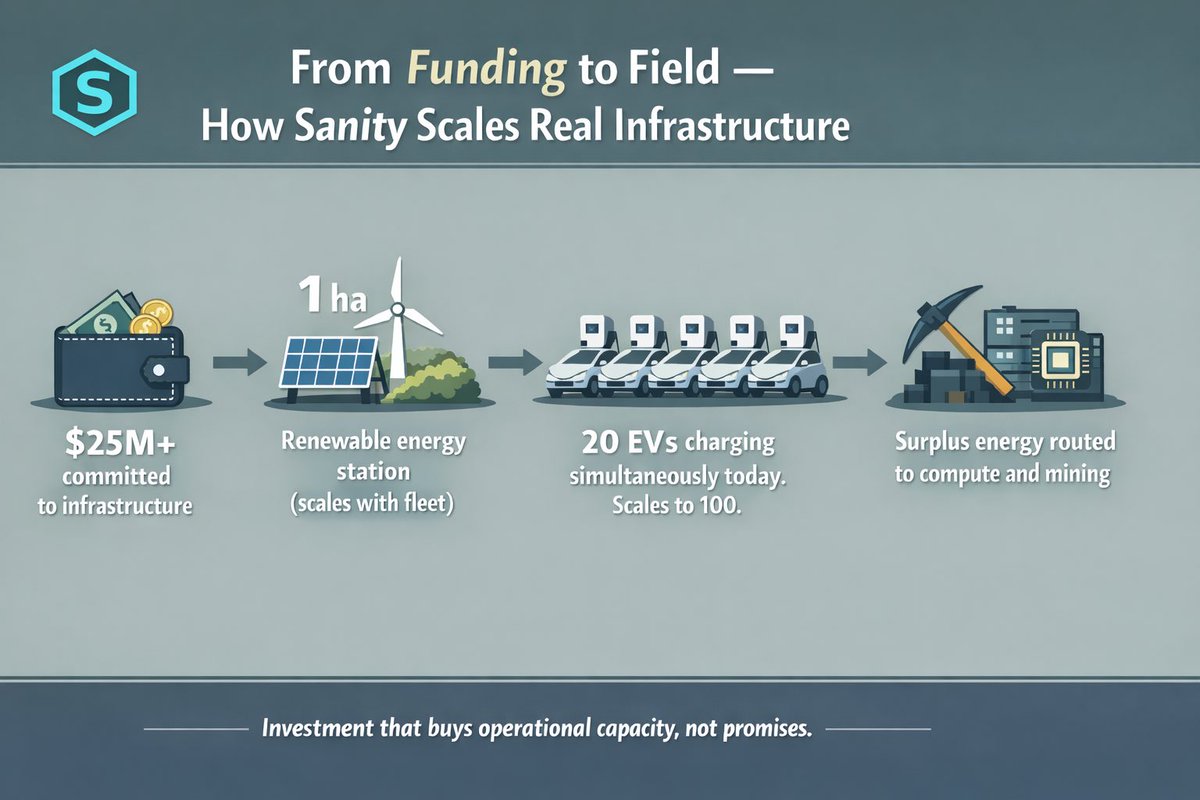 25M+ committed.
1 hectare renewable station.
20 EVs charging today → scaling to 100.
Surplus energy routed into compute + mining.

This is what “execution” looks like.
Operational capacity > empty promises.

#Sanity #CleanEnergy