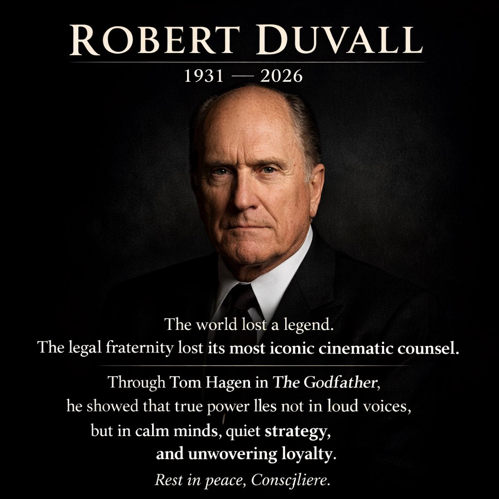 AttorneyArya's tweet photo. The world lost a legend.

As lawyers, we lost something more ……our most iconic cinematic counsel.

Robert Duvall’s Tom Hagen in The Godfather taught us that real power lies in calm words, sharp minds, and silent strategy.

Rest in peace, Consigliere.#Godfather #TomHagen #Robertduvall