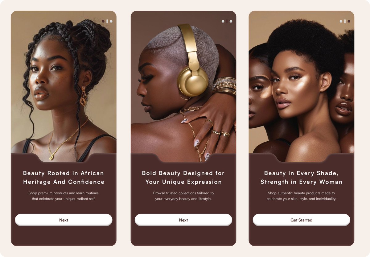 Redesigned 3 onboarding screens for an African beauty app.

Inspired by a concept I saw on <a href="/BlackTechie420/">Jelil Ajao</a> Youtube Channel

What do you think?