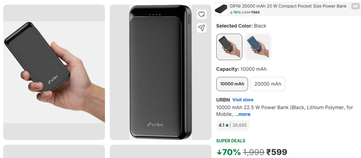 GrabOnIn's tweet image. 🔋⚡ Power Deal Alert
 URBN 10000 mAh Power Bank with 22.5W fast charging at just ₹599 😍
Big power. Small price

👉 Grab it now before it sells out:  grbn.in/37BVtTNmKt

#TechDeals #PowerBank #FastCharging #DealAlert #ShopSmart
