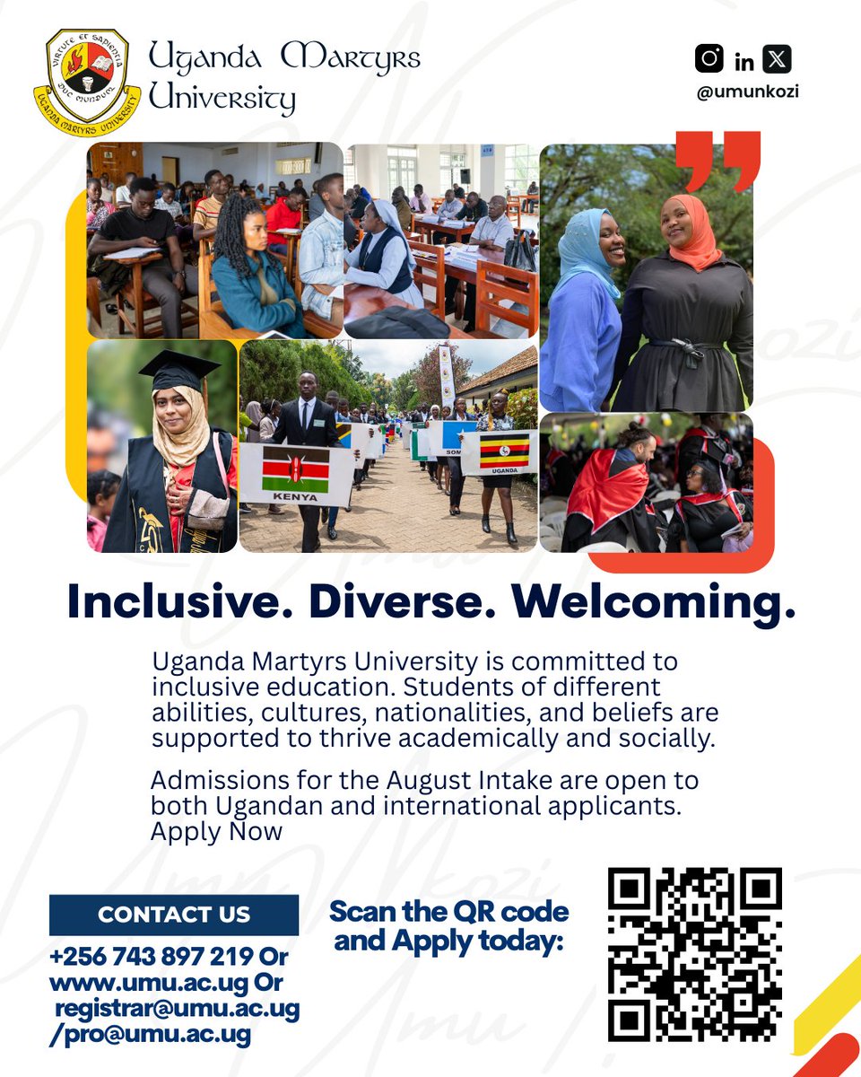 Inclusive isn’t just a word at <a href="/umu_nkozi/">Uganda Martyrs University (Official)</a> , it part of who we are.

🎓 August Intake OPEN
🌍 Ugandan &amp; International students welcome
📞 0743 897219
🌐 admissions.umu.ac.ug

This is your chance to #JoinTheDifferenceMakers

#UMU #InclusiveEducation #AugustIntake #ApplyNow
