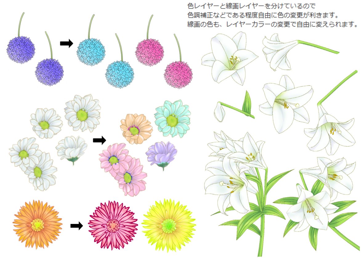 <a href="/aota_kaya/">蒼田カヤ👑変態皇帝🦁ぼんキュⅢ◆腐男子課長は溺愛系(LoveJossie)</a> 花レイヤーセット4種
assets.clip-studio.com/ja-jp/detail?i…
#clipstudio 

色と線画のレイヤーを分けているので
ある程度お好みに色が変えられる花素材
一輪ずつ使いやすいように整理しました🌼🌻🌹

🔽その他の作成素材はこちらです🌟
assets.clip-studio.com/ja-jp/search?u…