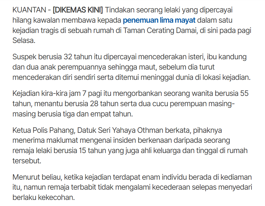 IzzraifHarz's tweet photo. Ok so I've been following this case since morning. A very chilling and tragic case.

So far from the report, this guy killed his entire family including his mom, 2 daughters &amp; wife then proceeded to unalive himself. Only the suspect's brother (15 y/o) survived. https://t.co/FWqIJhIAUi