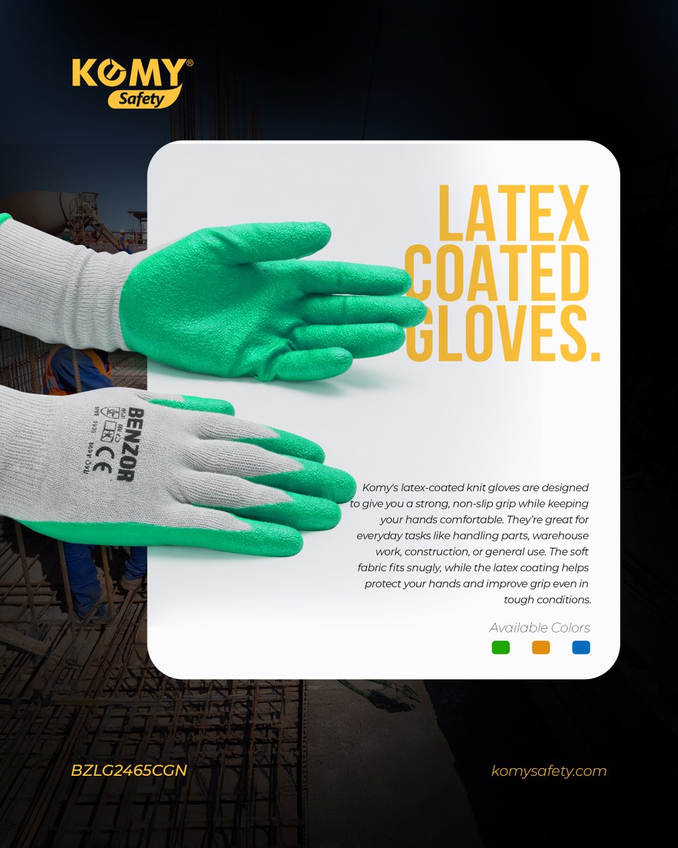 komysafetysa's tweet image. When the job gets messy, your grip doesn’t. Komy’s gloves, with a textured latex layer, keep control in your hands without slowing you down.

For inquiry/purchase - komysafety.com
.
.
#Komy #SafetyGloves #HandProtection #IndustrialSafety #WorkGloves #SafetyWear