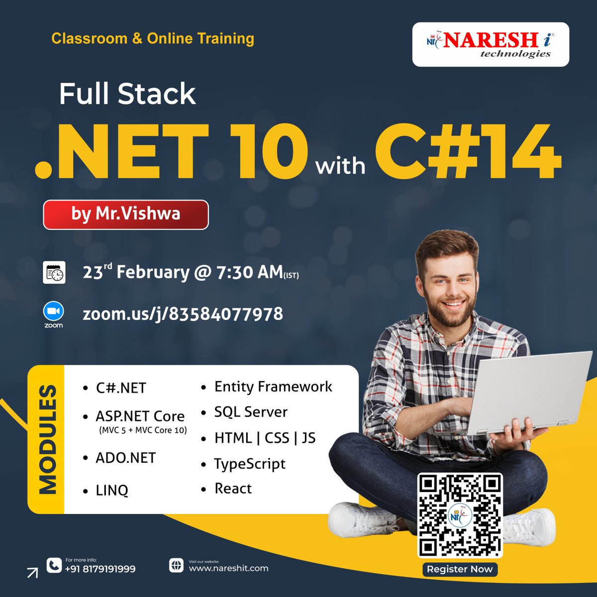 nareshitech's tweet image. 🚀 Master Full Stack .NET 10 with C# 14 – Live Training

👉 Register Now: t.ly/FSDOTNET-23F

👨‍🏫 Trainer: Mr. Vishwa
📅 Date: 23rd February 2026
⏰ Time: 7:30 AM (IST)

#DotNet10 #CSharp #FullStackDeveloper #AspNetCore #EntityFramework #SQLServer #ReactJS #TypeScript