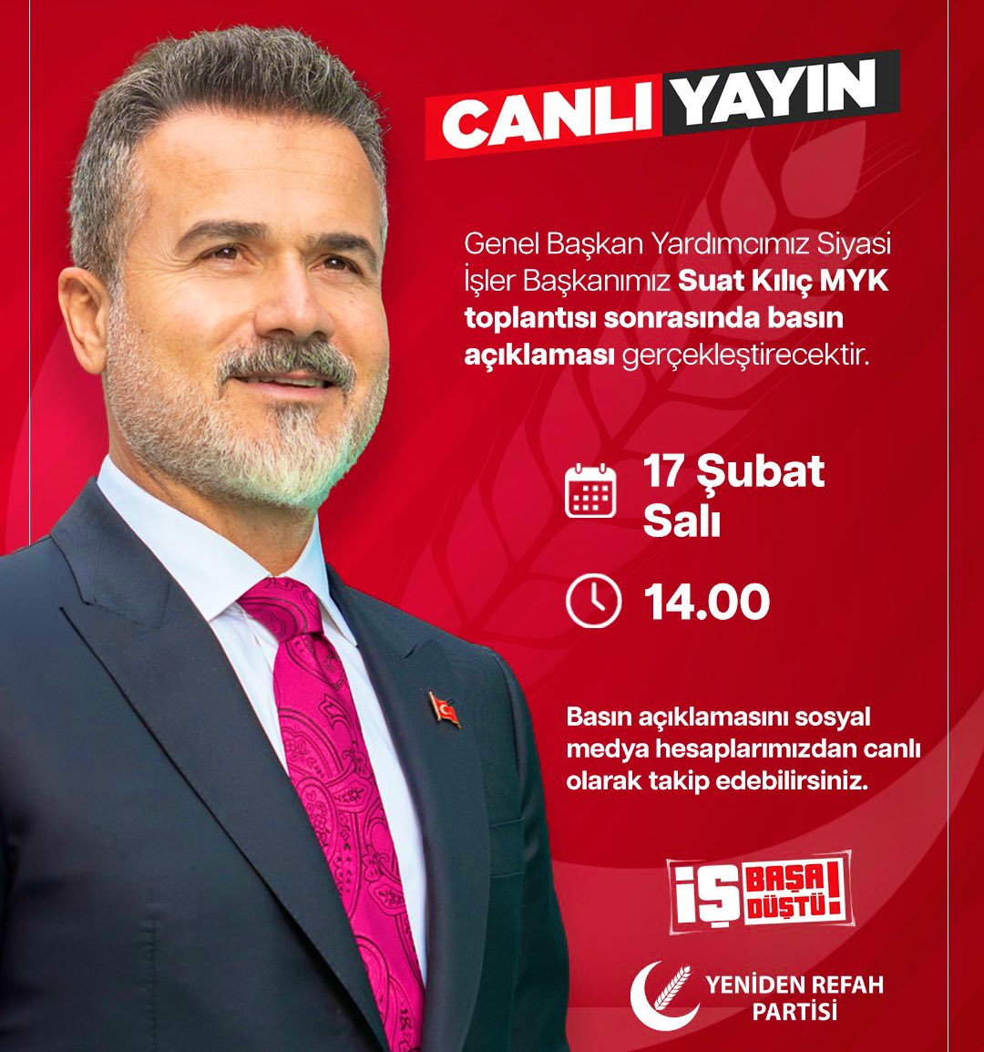 📡CANLI YAYIN

Genel Başkan Yardımcımız <a href="/suatkilic/">Suat KILIÇ</a> bugün saat 14.00’da MYK toplantısı sonrası basın açıklaması gerçekleştirecektir.