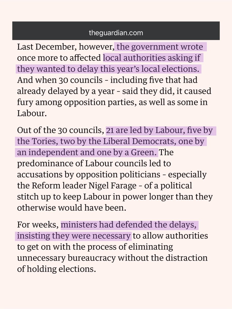 Before you hear the other parties claiming to stand for democracy while calling Reform fascist… remember this.. 

Out of the 30 councils that applied to delay elections.. 

• 21 Labour
• 5 Conservative
• 2 Lib Dem
• 1 Independent
• 1 Green

Every significant party had