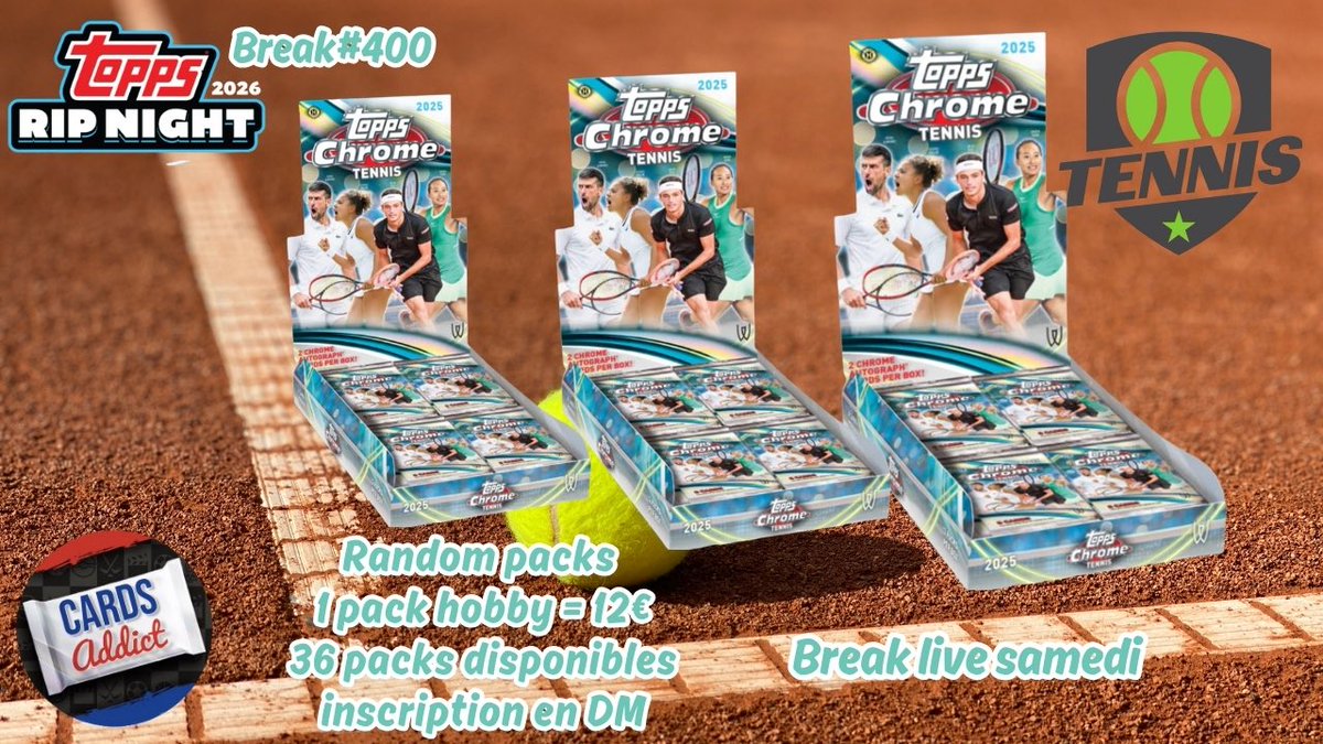 🎾 Point break#400 : 
6 inscriptions 
20 packs picks 
16 packs restant 
🎥 samedi 21/02 
#CardsAddict #thehobby #sportscards