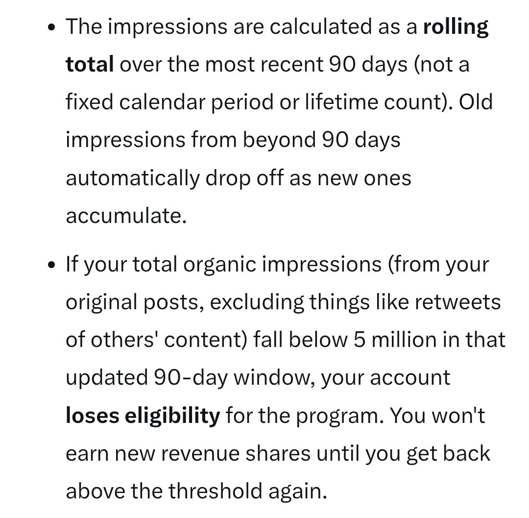 Just a reminder.
As you have gotten to the monetization stage, the 5M achieved. Remember that after 90 days, your 5M impression starts to reduce.

Your 3 month old impression gets taken out for new one to accumulate. Meaning, you've got to keep grinding on with both organic views