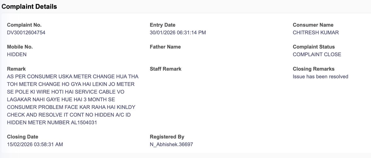 sps619's tweet photo. @dvvnlhq @dvvnlaligarh and as expected this complaint also has been marked resolved without any actual resolution. No visits nothing done. 
15 days gone in waiting.
@dvvnlhq @dvvnlaligarh https://t.co/HdHa9V8r97