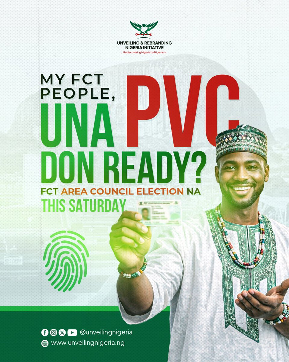 My Abuja people Oya make una go clean una PVC ooo, na Saturday be the day o, no dulling.

Get ready to vote, Patriots vote.

#amacelection #urni #unveilingnigeria