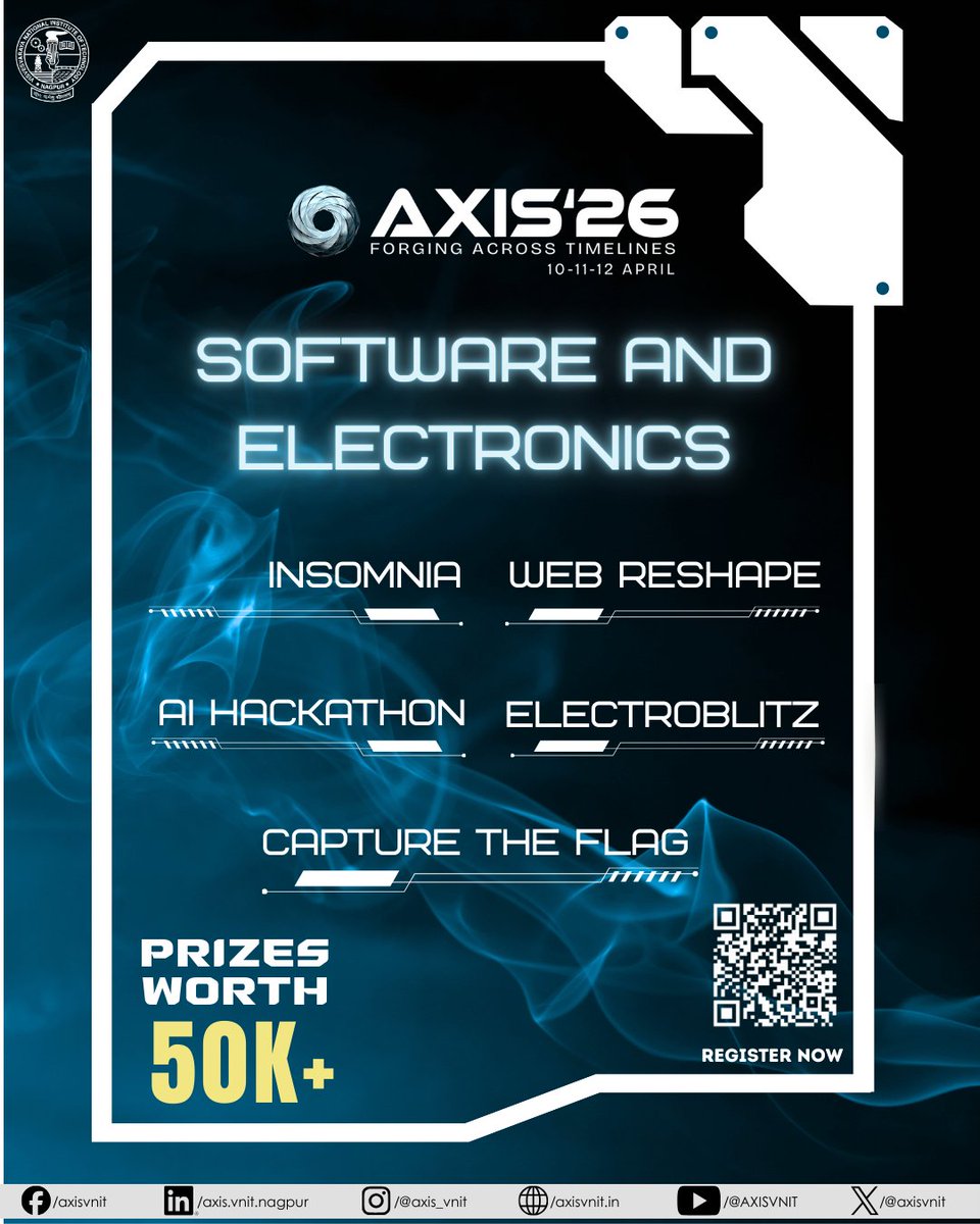 AXIS_VNIT's tweet photo. Think fast. Build faster. 💻⚡
Software & Electronics — AXIS ’26
AI Hackathons | Electroblitz
#AXIS26 #TechFest #AI #Electronics #hackathon. https://t.co/Qywm2Hgfnv