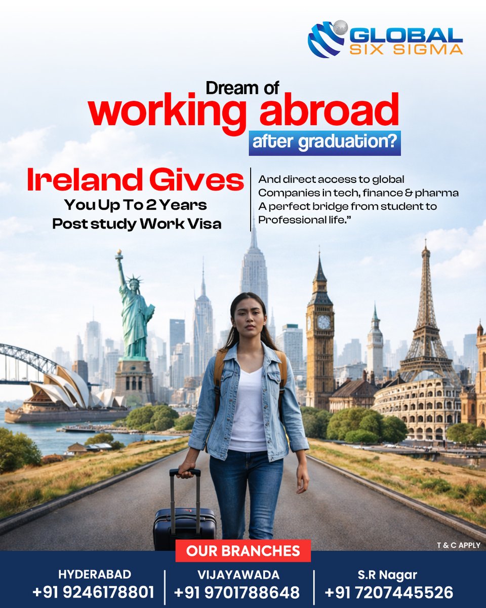 globalsixsigma6's tweet image. Dreaming of working abroad after graduation? 🌍✨

Turn your international career goals into reality with a 2-Year Post Study Work Visa in Ireland! 🇮🇪

Don’t just study abroad… build your future abroad. 🚀

#studyinireland #workabroad #poststudyworkvisa #irelandvisa #abroad