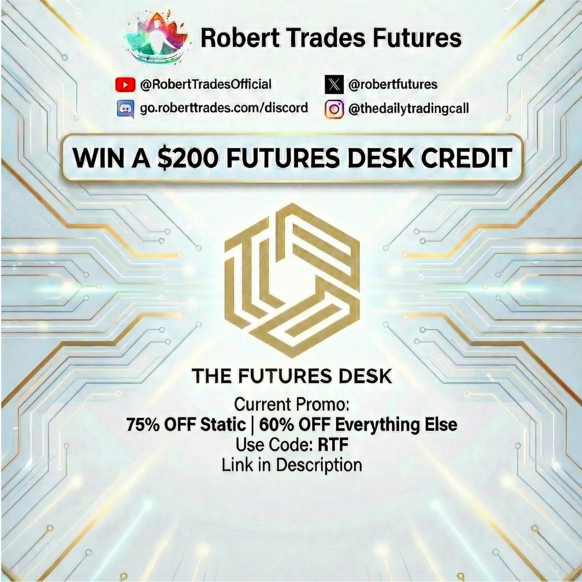 robertfutures's tweet photo. 📢 I have a $200 The Futures Desk credit that I'm giving away.

to Enter: 
 1⃣ follow @robertfutures and @TheFuturesDesk 
2️⃣Like @ RT
3️⃣Tag 3 friends who trade prop firms..
4️⃣Comment on how journaling has changed your trading (or why you DON'T journal)

Need a hint?
Visit: https://t.co/5MDHlWeI1v

Current Offer:
75% Off Static Drawdown,
60% Off Everything Else
Claim deal with code RTF

🎉Winner Selected By Grok on 2/20/26.

More chances to win our our discord.