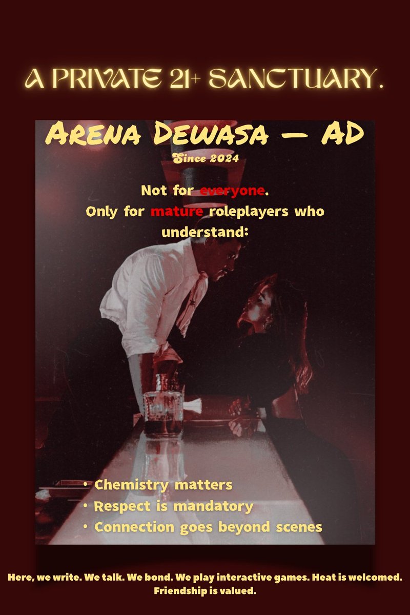 ᅠ

𝗟𝗢𝗢𝗞𝗜𝗡𝗚 𝗙𝗢𝗥 𝗡𝗘𝗪 𝗠𝗘𝗠𝗕𝗘𝗥 ‼️
An 𝘦𝘹𝘤𝘭𝘶𝘴𝘪𝘷𝘦 𝘤𝘪𝘳𝘤𝘭𝘦 opens its doors tonight. If you crave deep conversations laced with desire, consider this your invitation.

How to join? rt!
And rep with :
- Your nick + line
- Your muse photo

ᅠ