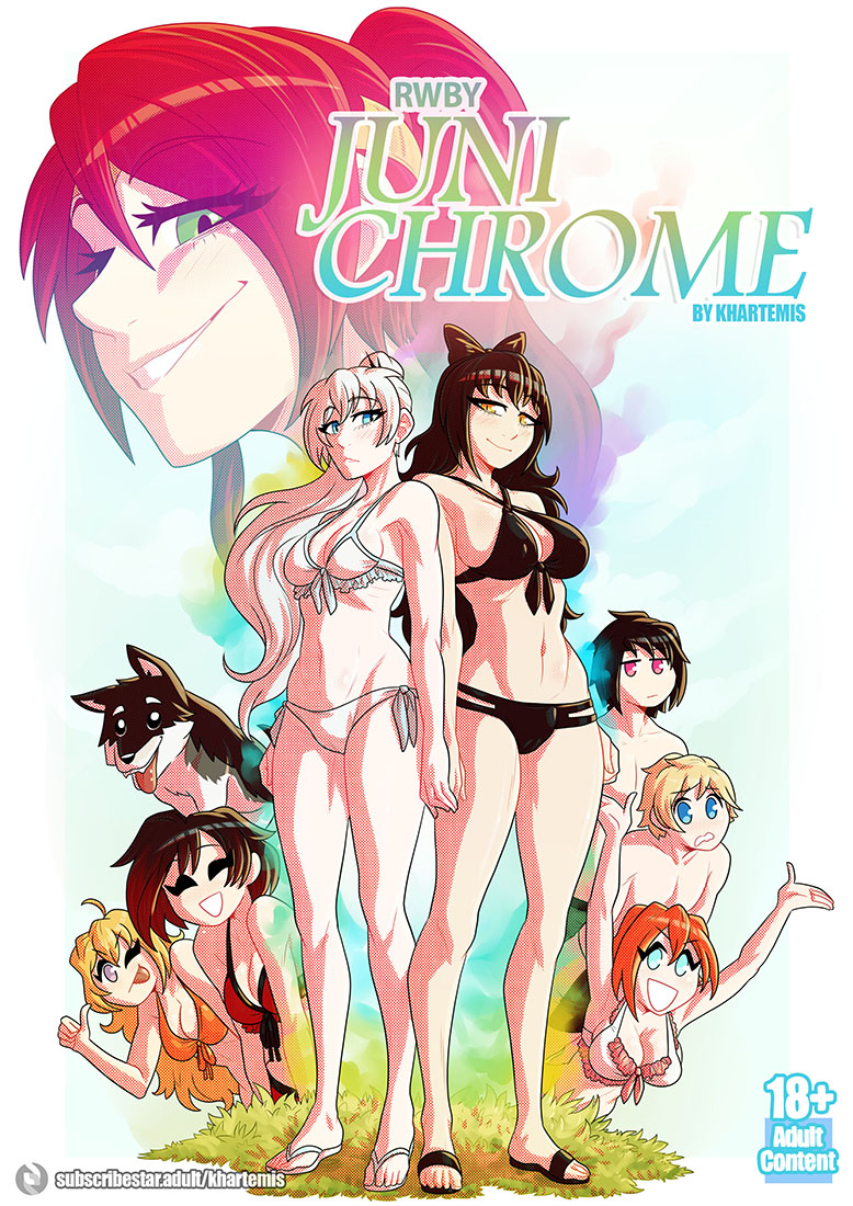 Khartemis2's tweet photo. It is with great pride that the time has finally come for the comic RWBY: Junichrome!!
This is probably my favorite comic, hehe. But it wouldn’t have been possible without the incredible work and help from @ScribeofS, who brought the characters to life and made everything so much more fun!
RWBY: Junichrome is a comic about a lovely morning spent by Team RWBY and JNPR at the pool, while Weiss and Blake decide to spend some time together!

Hope you like the comic!