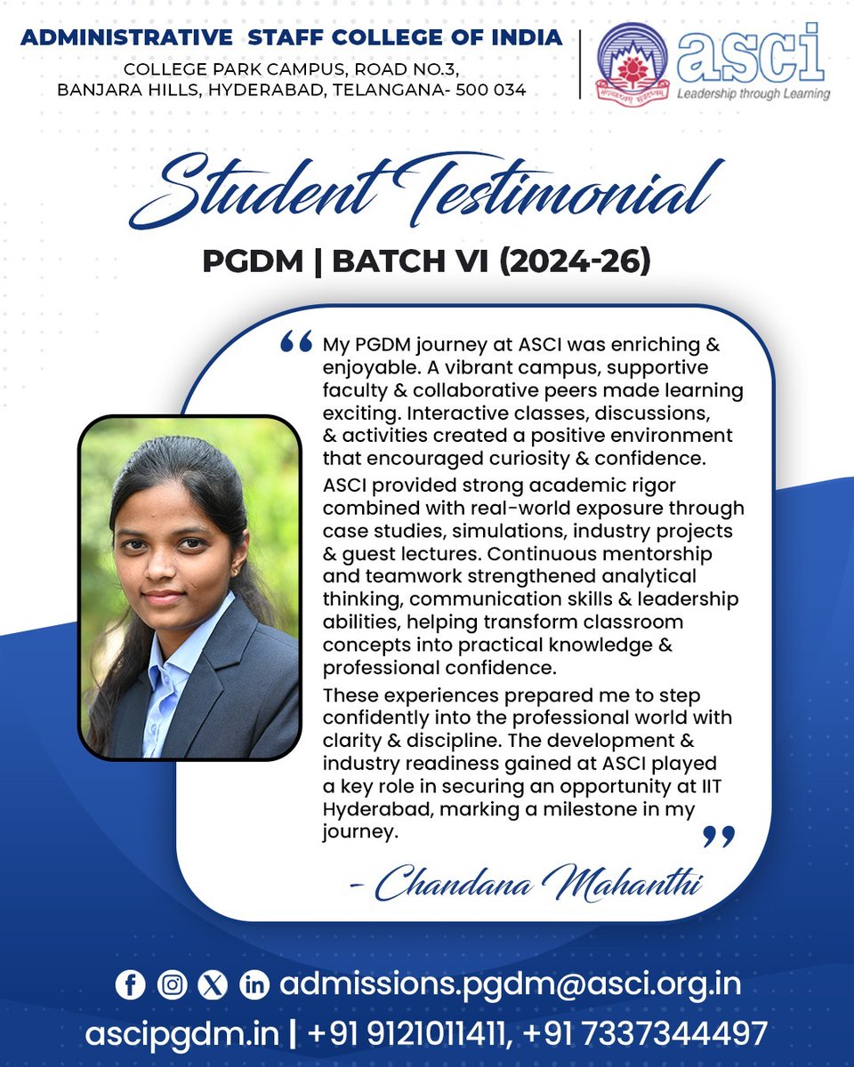 ascipgdm's tweet image. Ms.Chandana Mahanthi , PGDM (Finance &amp;amp; AI), Batch VI (2024–2026), shares her enriching academic journey and key learnings at Administrative Staff College of India (ASCI)🎓.

#ascipgdm #studenttestimonial #pgdmjourney #bschoollife #ascihyderabad #pgdm2024 #pgdm2026 #futureleaders