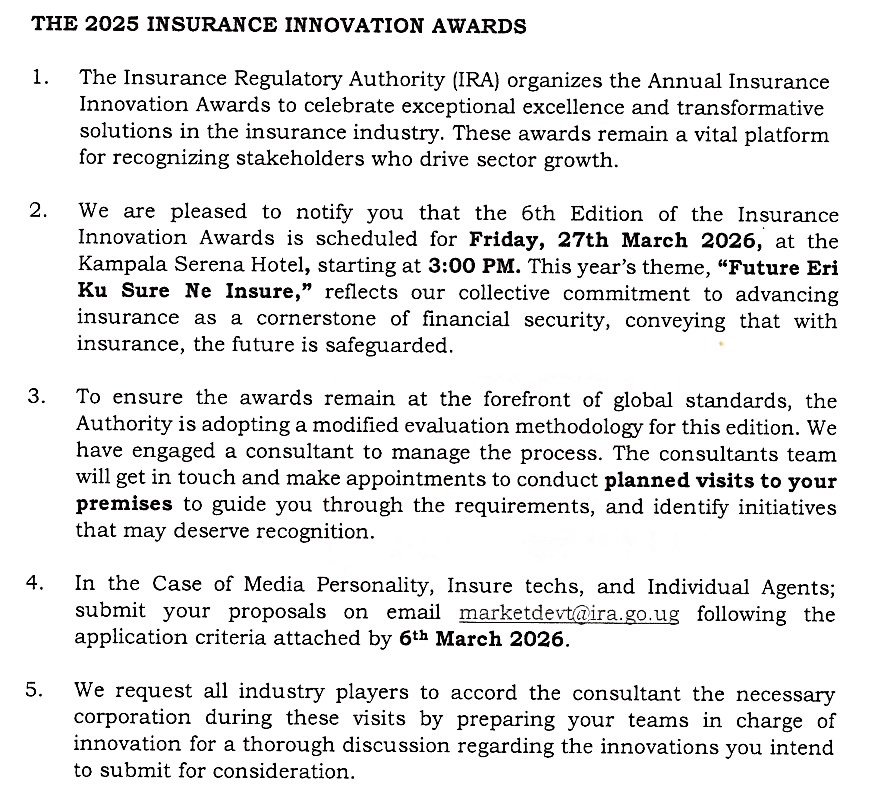 IraUganda's tweet image. THE ANNUAL INSURANCE INNOVATION AWARDS!

To all insurance players, media personalities and Insuretech.
Please follow the link below to see the application criteria.
ira.go.ug/wp-content/upl…
#DrivingInsuranceGrowth #BeInsured