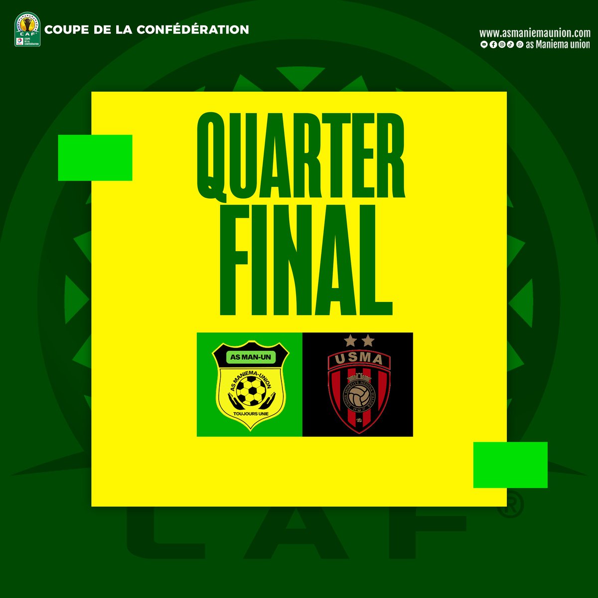 AsManiema's tweet photo. #TotalEnergiesCAFCC #Quart de finale
⚔️ AS Maniema Union 🆚 USM Alger
🗓️28 février 2026
🏟️ TP Mazembe
#ASManiemaUnion #ToujoursUnie https://t.co/Ougblmhqfm